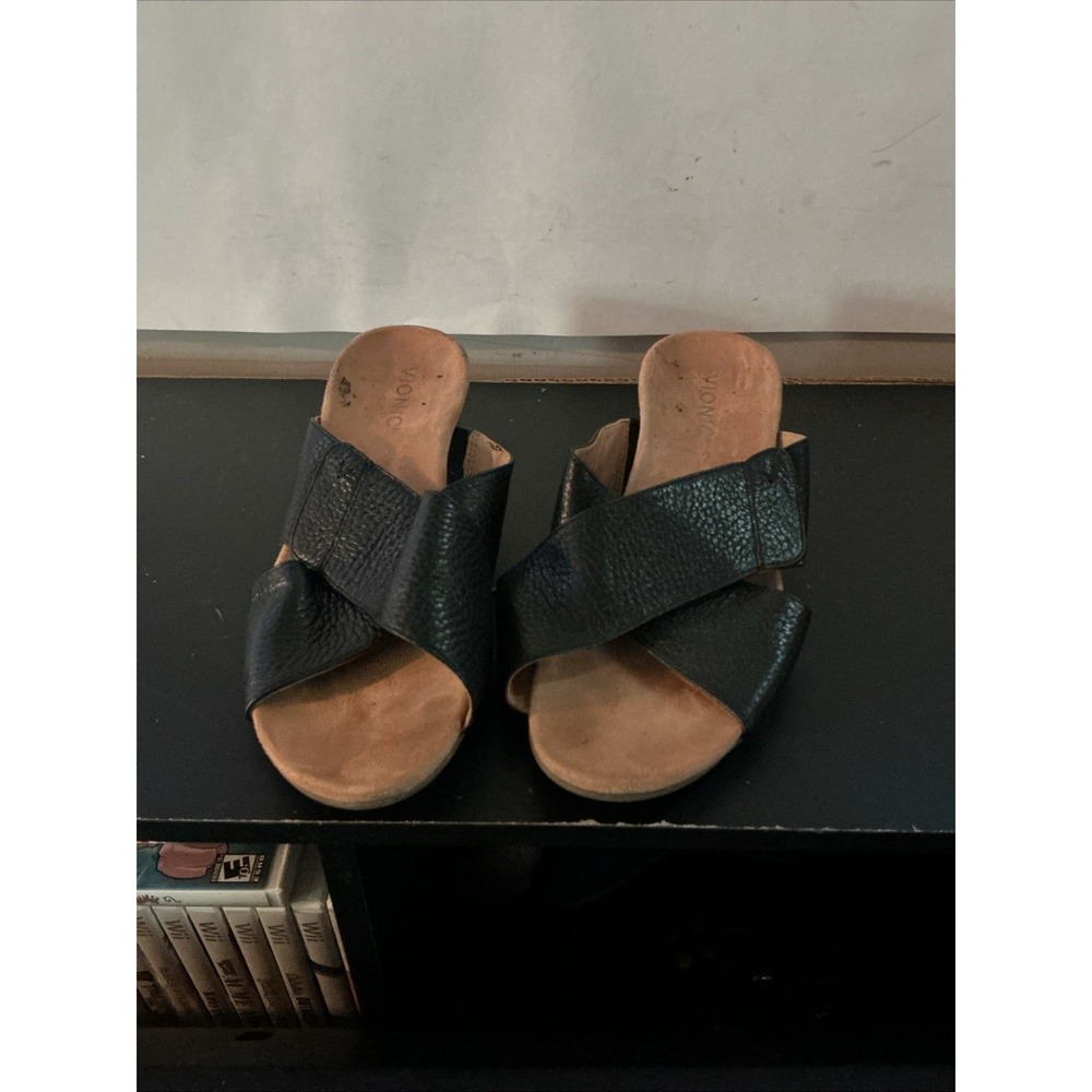 Vionic Leticia Black Lizard Embossed Cork Wedge Sandals Womens 8 Slide